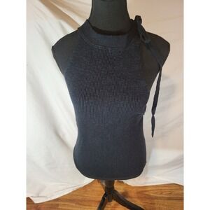 Free People Beach Size Large Black Knit High Neck Ribbed Sleeveless Top